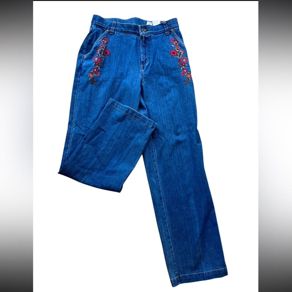 Y2K High Rise Floral Embroidered Boho Festival Feminine Straight Leg Jeans 8